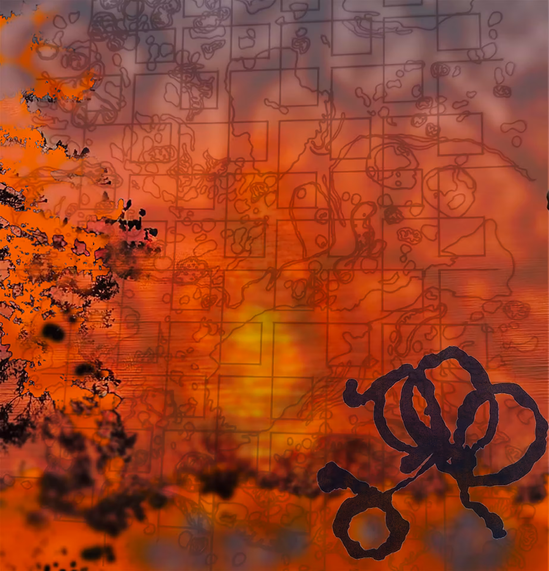 Abstract painting of a molten orange and red field with a faint grid overlay and a dark looping calligraphic stroke