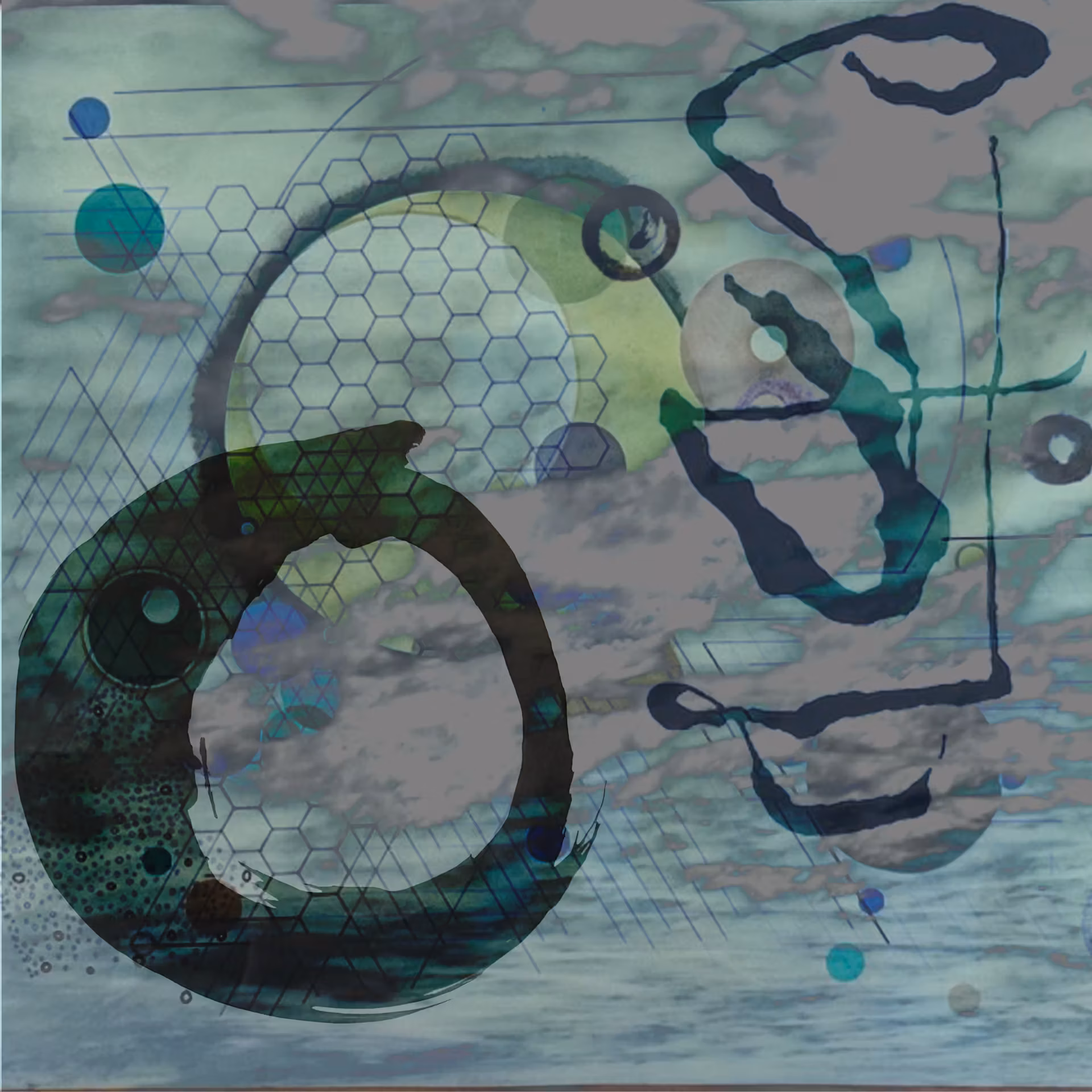 Abstract collage in cool blue-green tones with circles, hexagonal patterns, and a teal calligraphic glyph